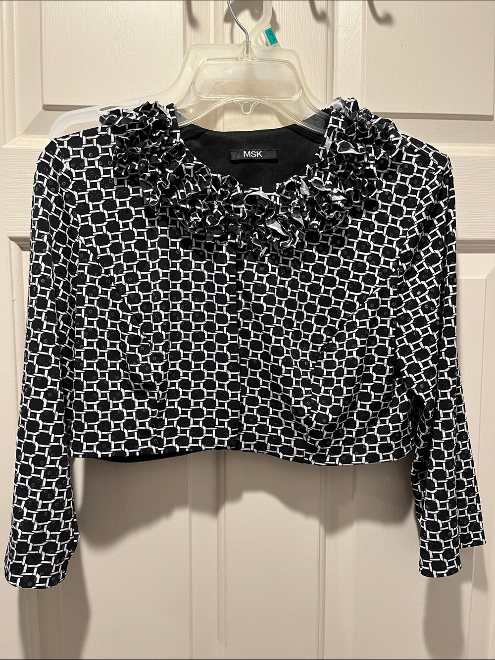 MSK Black and White Geometric Ruffle-Neck Top